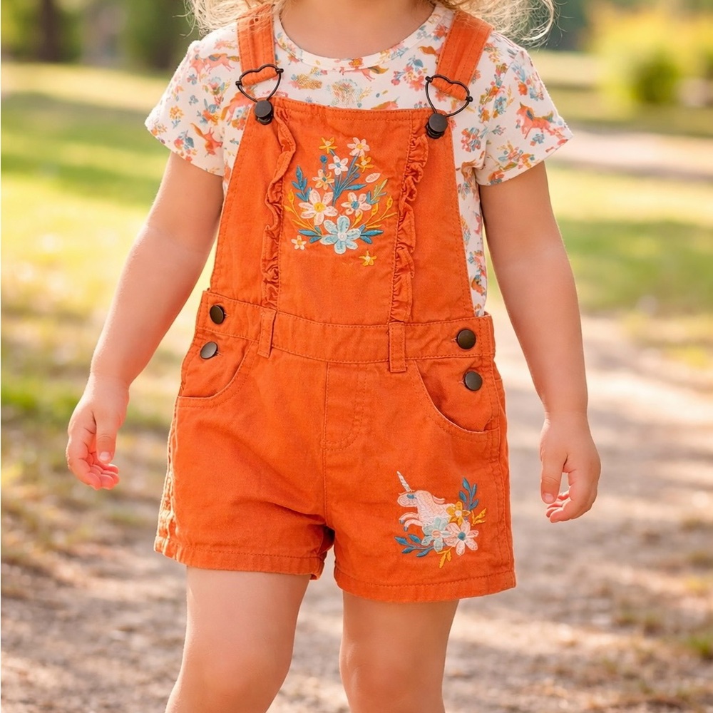 Little Lass Orange Floral Embroidered Short Overalls Girls Sz 5 🌸🦄🌼🌱